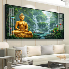 Modern Buddha Meditating Waterfall Nature Scene Canvas Painting