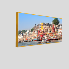 Colorful Daytime View of Varanasi Ghats, India Framed Wall Art