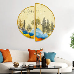 Beautiful Mountain Landscape with Trees and Birds Semi Circle Canvas Wall painting