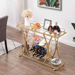 3 Tier Gold Bar Trolley With Glass Shelves Wine Rack