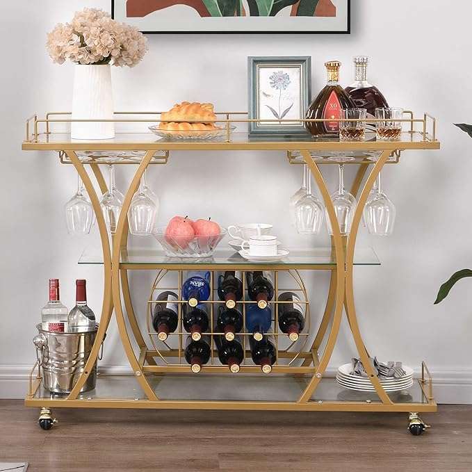 Tier Gold Bar Trolley With Glass Shelves Wine Rack