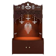 Intricate Jali Wooden Floor Temple with Spacious Shelf & Inbuilt Focus Light- Brown