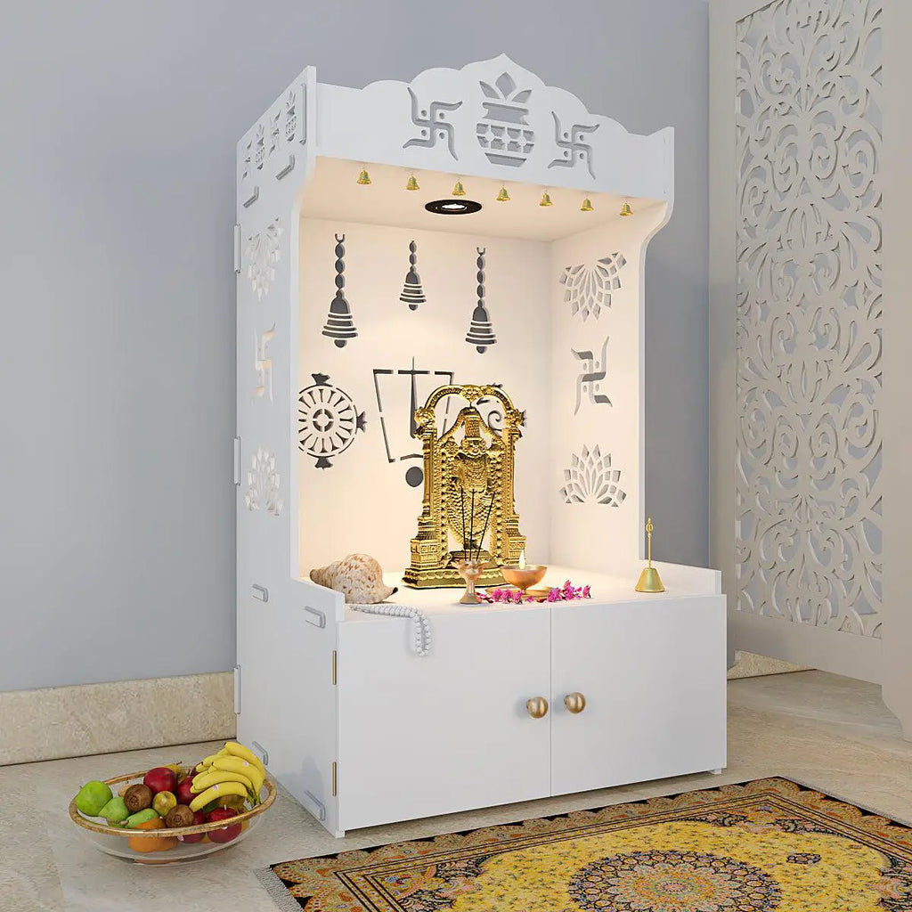 Intricate Detailed White Floor Temple with Spacious Shelf & Inbuilt Focus Light - Wooden