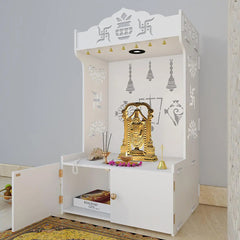 Intricate Detailed White Floor Temple with Spacious Shelf & Inbuilt Focus Light - Wooden