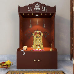 Intricate Detailed Brown Floor Temple with Spacious Shelf & Inbuilt Focus Light - Wooden