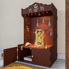 Intricate Detailed Brown Floor Temple with Spacious Shelf & Inbuilt Focus Light - Wooden