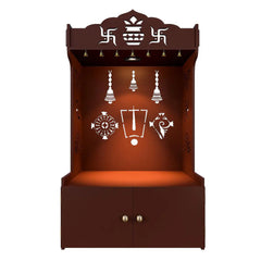 Intricate Detailed Brown Floor Temple with Spacious Shelf & Inbuilt Focus Light - Wooden