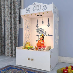 Mor Pankh Wooden Floor Temple With Spacious Shelf & Inbuilt Focus Light- White
