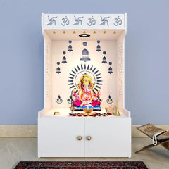 Divine Wooden White Home Temple With Spacious Shelf & Inbuilt Focus Light