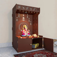 Divine Wooden Brown Home Temple With Spacious Shelf & Inbuilt Focus Light