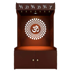 Om Chakra Floor Temple with Spacious Wooden Shelf & Inbuilt Focus Light- Brown