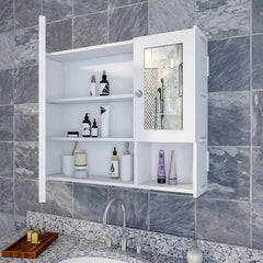 Sturdy Wooden Bathroom Storage Cabinet with Mirrors & 5 Spacious Shelves- White