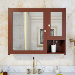 Sturdy Wooden Bathroom Storage Cabinet with Mirrors & 5 Spacious Shelves- Solid Brown