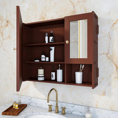 Sturdy Wooden Bathroom Storage Cabinet with Mirrors & 5 Spacious Shelves- Solid Brown