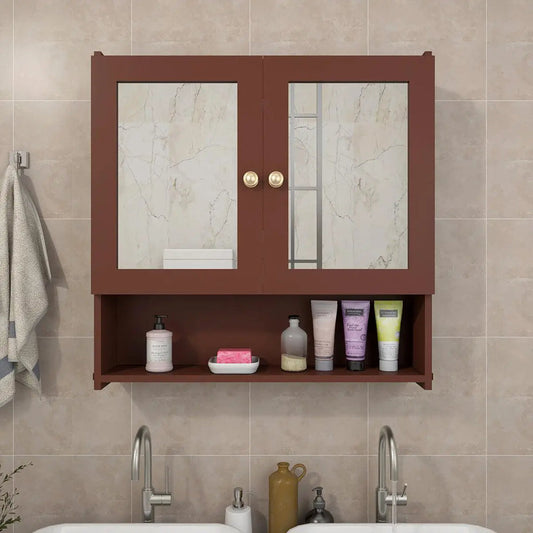 Space Saving Bathroom Mirror Cabinet with 5 Spacious Shelves- Solid Brown