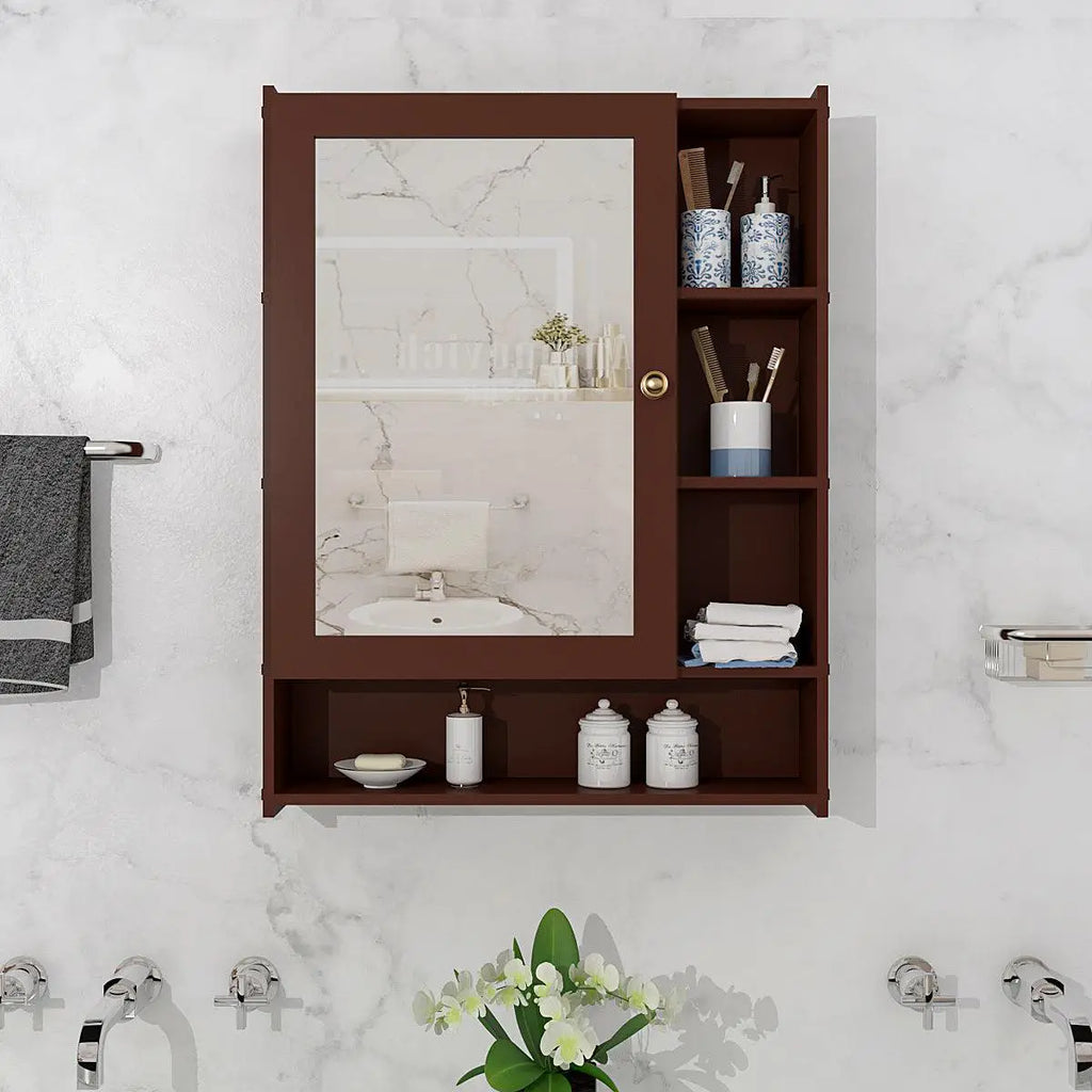 Spacious Wooden Bathroom Mirror Cabinet with 6 Shelves - Brown