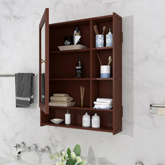 Spacious Wooden Bathroom Mirror Cabinet with 6 Shelves - Brown