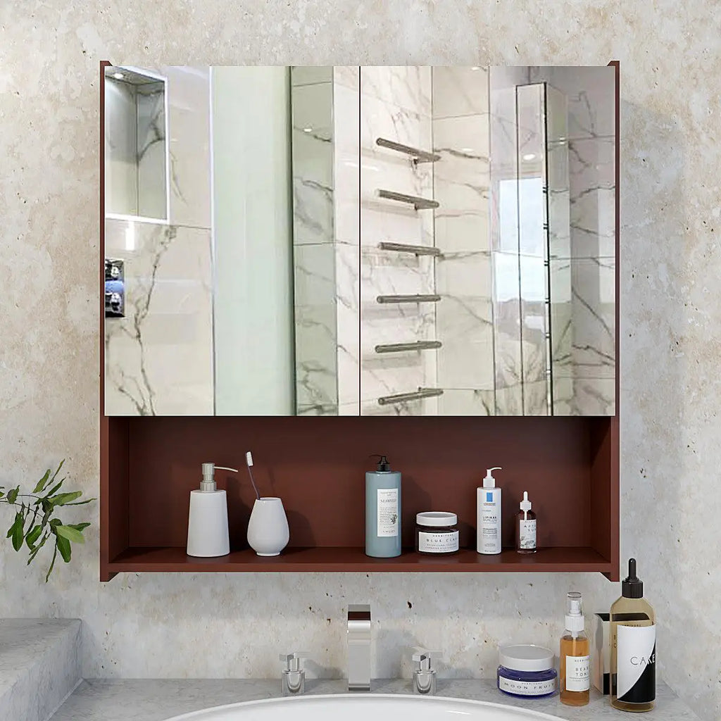 Premium Wooden Brown Bathroom Cabinet with Mirror & 4 Spacious Shelves