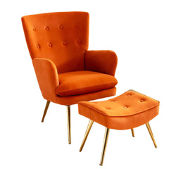 Tufted Long Back Orange Lounge Chair With Ottoman