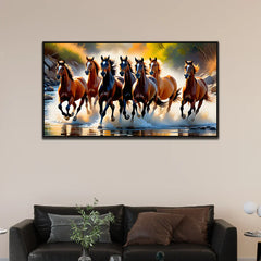 Seven Running Horses on River Canvas Wall Décor Painting With Floating Framed Clearance Sale