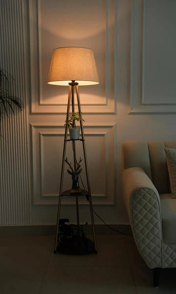 Divine Trends 3 Shelves Floor Lamp Brass Antique Finish 5 Feet Height with 16” Diameter Off White LampShade