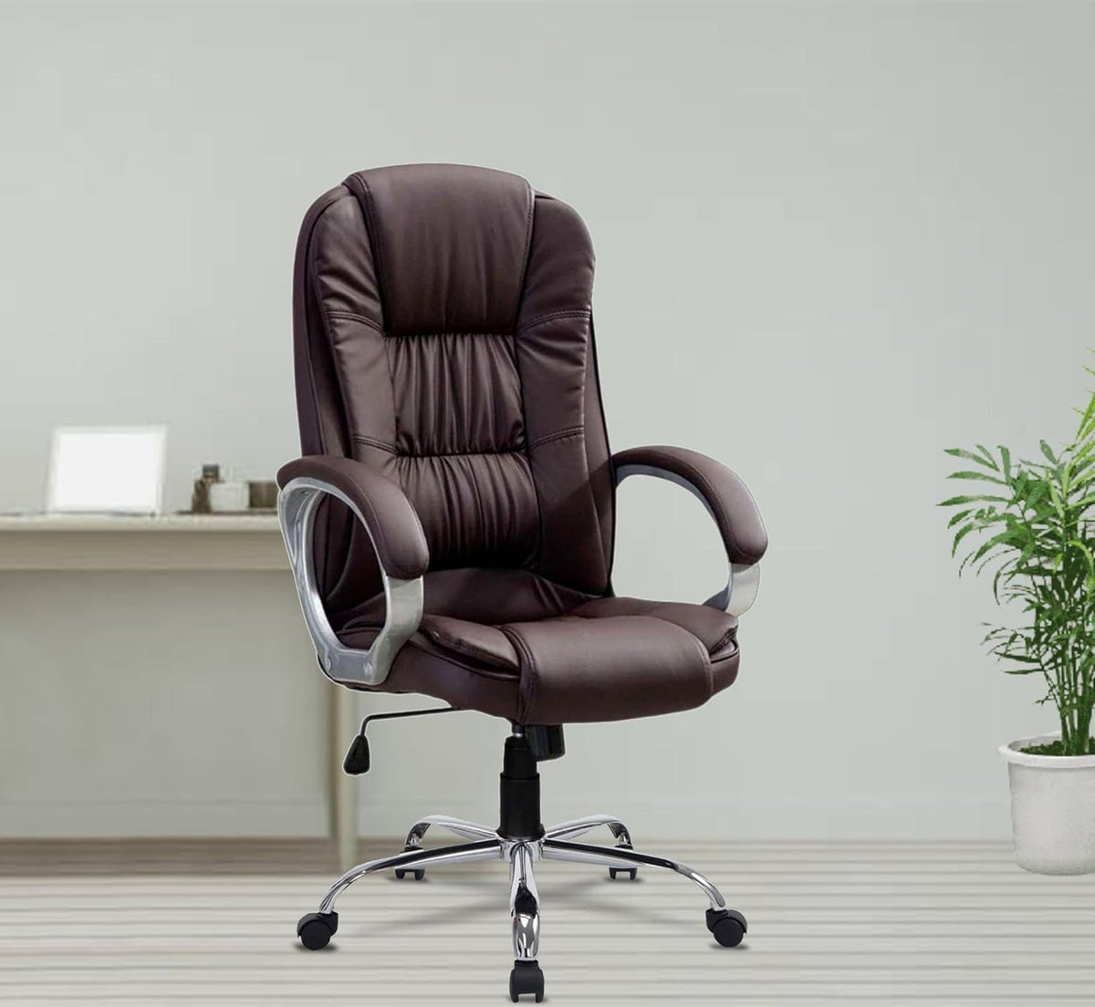 Brown Leatherette Office Chair with Fixed Armrests | Premium Home Office Desk Swivel Seat | Heavy Duty Chrome Base