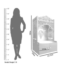 Intricate Jali Wooden Floor Temple with Spacious Shelf & Inbuilt Focus Light- White | Abstract Golden Plant Leaves Picture Acrylic Wall Paintings & Arts