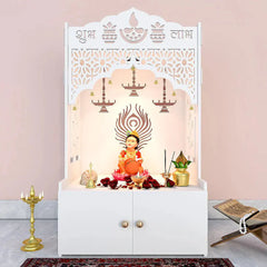 Intricate Jali Wooden Floor Temple with Spacious Shelf & Inbuilt Focus Light- White | Abstract Golden Plant Leaves Picture Acrylic Wall Paintings & Arts