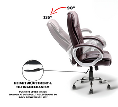 Brown Leatherette Office Chair with Fixed Armrests | Premium Home Office Desk Swivel Seat | Heavy Duty Chrome Base