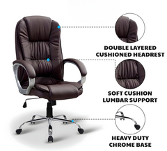 Brown Leatherette Office Chair with Fixed Armrests | Premium Home Office Desk Swivel Seat | Heavy Duty Chrome Base