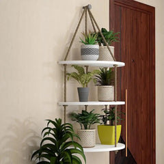 Wooden Wall Hanging Planter Shelf with Rope Three Layers(White)