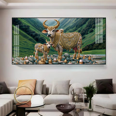 Sacred Kamdhenu Cow and Calf Acrylic Painting-Vastu Shastra Wall Art for Prosperity & Abundance