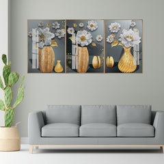 Luxury 3-Panel Floral Wall Art: Gold Vase, White Flowers on Dark Grey | Premium Triptych