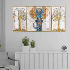 The Golden Elephant Prosperity Triptych: Jeweled Acrylic Canvas Set