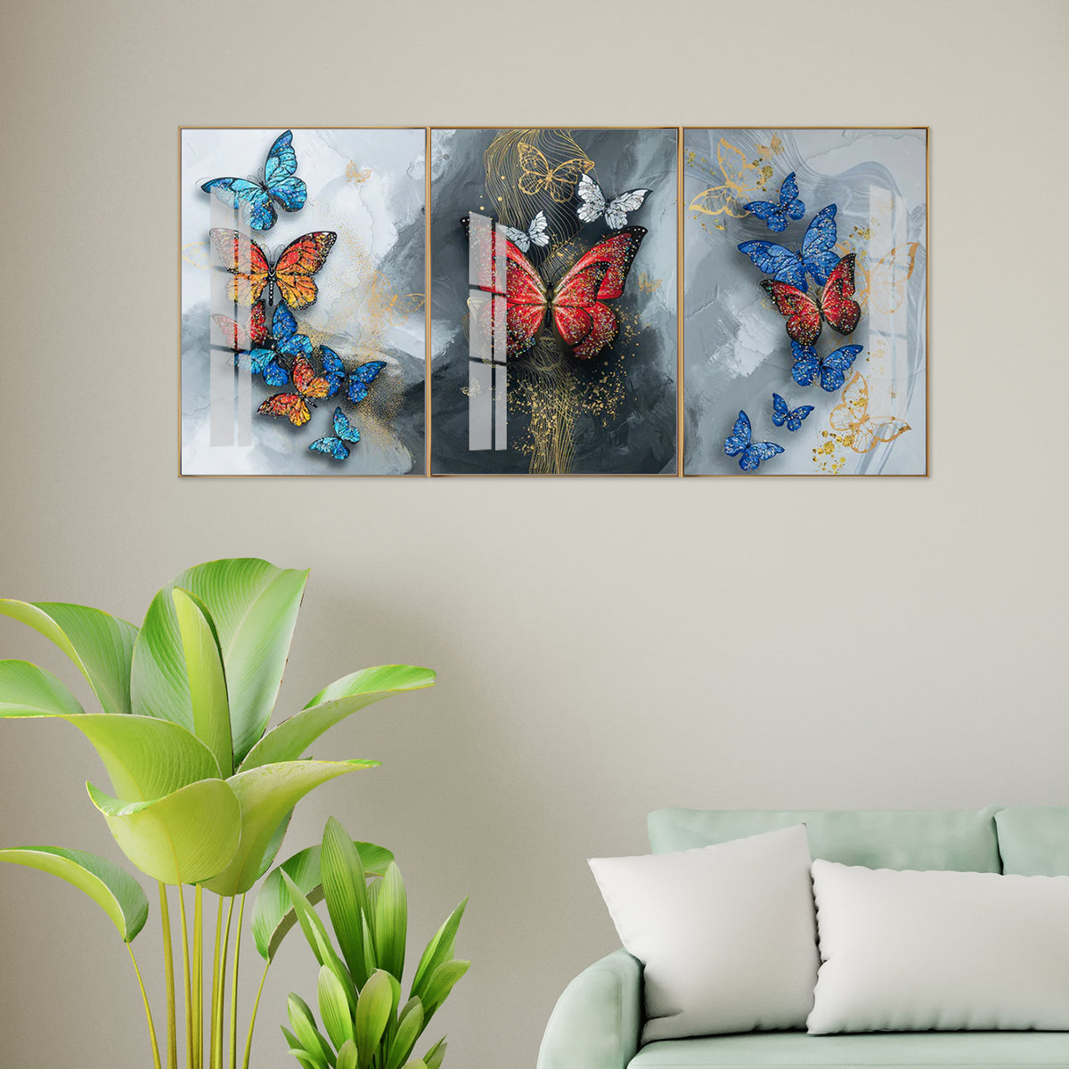 3-Panel Butterfly Wall Art: Colorful Butterflies on Grey & Gold Abstract | Modern Triptych