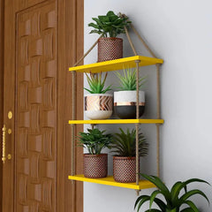 Planter Shelf Wooden Wall Hanging with Rope (Yellow Color)