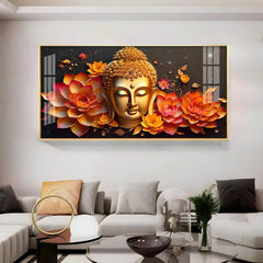 Golden Buddha with Blooming Lotus Acrylic Wall Painting