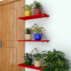 Wooden Wall Hanging Planter Shelf with Rope (Red, Set of 3)