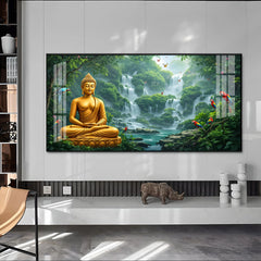 Modern Buddha Meditating Waterfall Nature Scene Canvas Painting