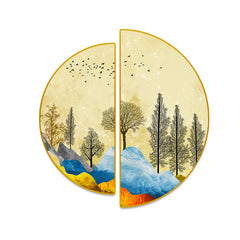 Beautiful Mountain Landscape with Trees and Birds Semi Circle Canvas Wall painting