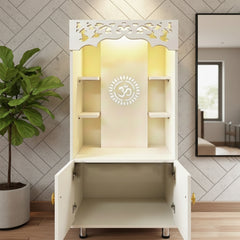 Luxury White Home Temple with LED Backlight & $Om$ Design | Pooja Mandir Storage