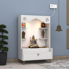 Divine Engineered Wood Home Temple Modern Design Puja Temple Stand with LED Lights Home Mandir OM Puja Shelf for Office - White