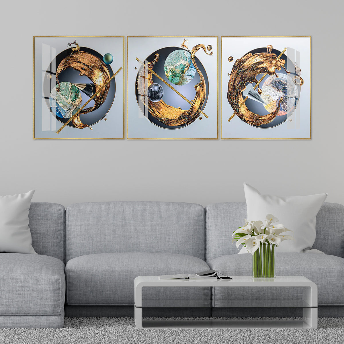 Luxury  Abstract Wall Art: Gold Splash & Cosmic Spheres Triptych (Set of 3)