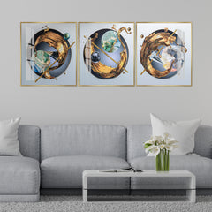 Luxury  Abstract Wall Art: Gold Splash & Cosmic Spheres Triptych (Set of 3)