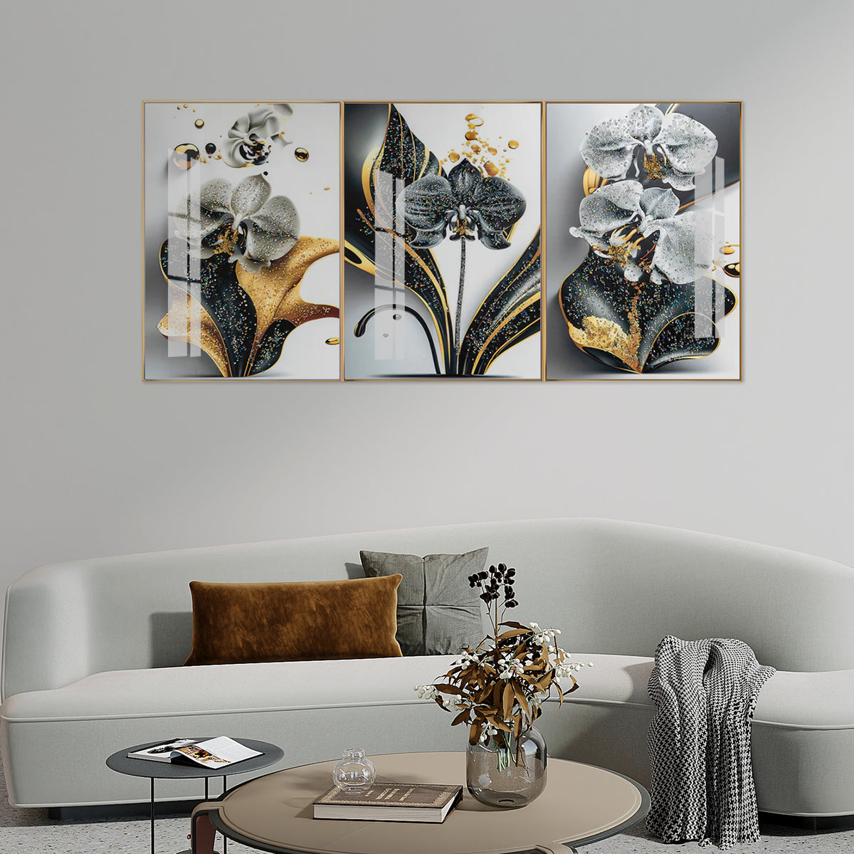 Premium Acrylic Floral Painting Set | Modern Black and Gold Orchid Decor