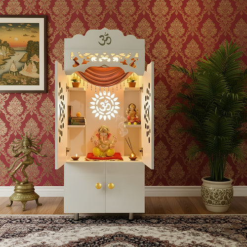 Premium White MDF Temple Cabinet | White Pooja Mandir with Doors & LED