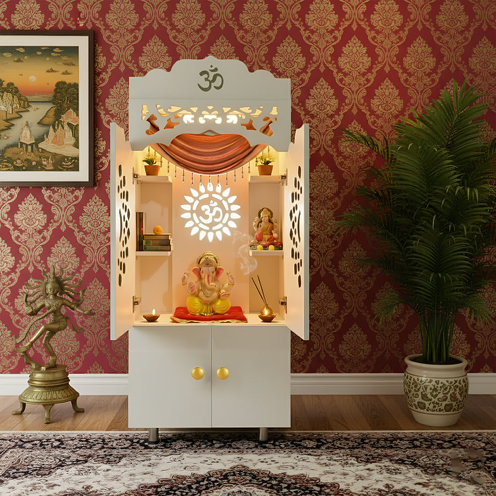 Premium White MDF Temple Cabinet | White Pooja Mandir with Doors & LED
