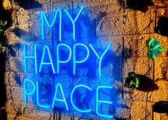 My Happy Place" Blue Neon Sign for Home Wall Decor & Man Cave