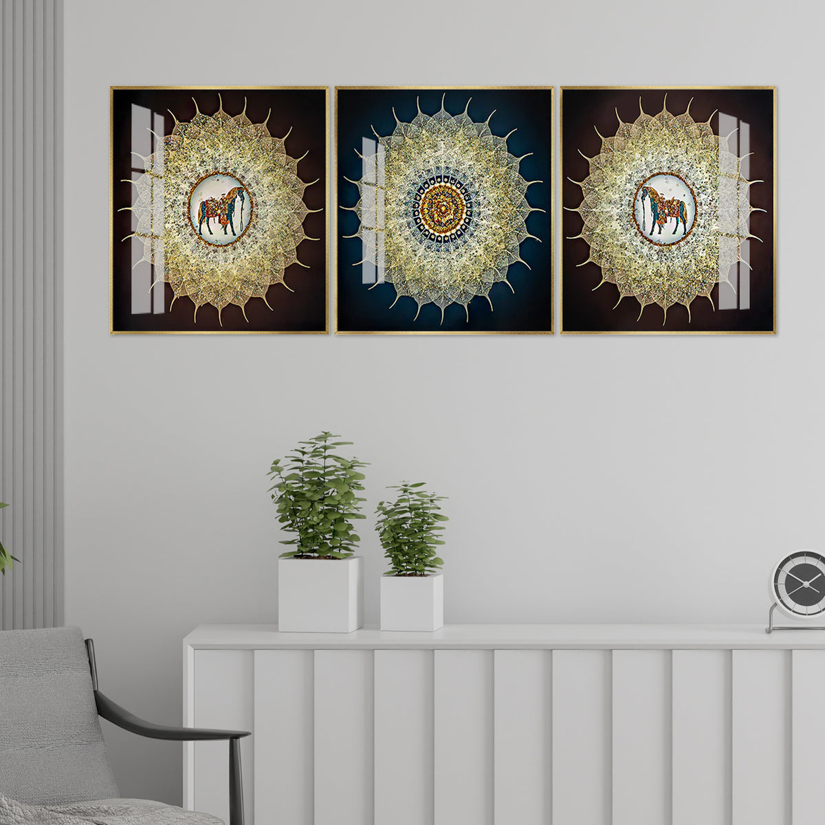 Premium Abstract Horse Painting Set | Intricate Gold Mandala Design (Set of 3)