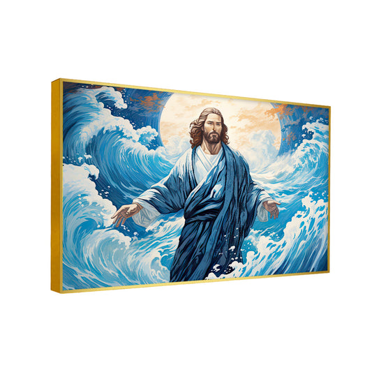 Creative Jesus Christ And The Big Wave Walk On The Canvas Wall Painting In Japanese Art Style